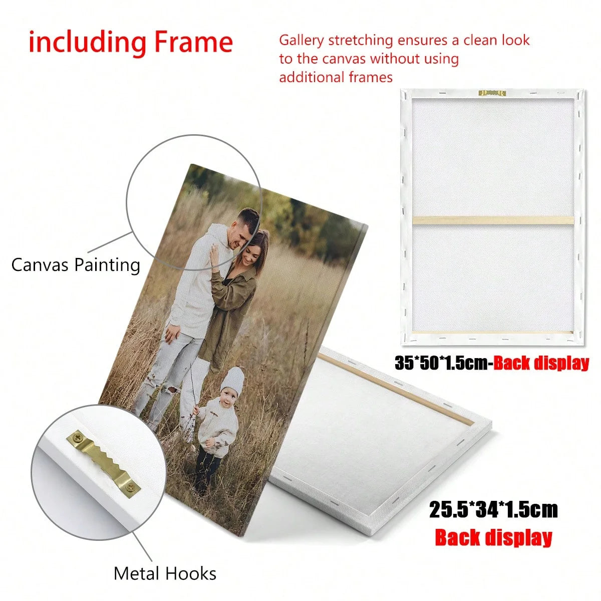 A framed canvas painting featuring a photo, shown alongside the frame and metal hooks.