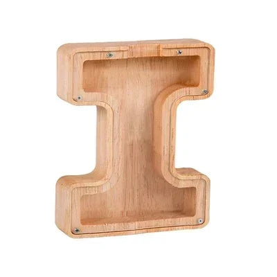 Wooden alphabet letter T piggy bank coin box for kids in light wood color