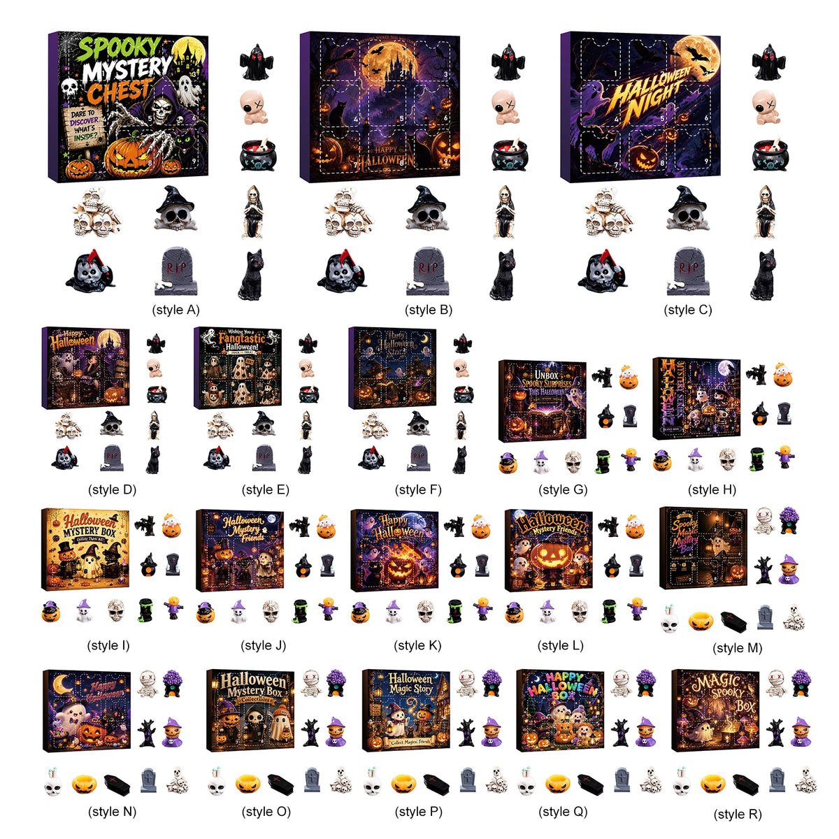 A collection of 18 Halloween-themed resin figurines displayed in various styles and packaging for an advent calendar.