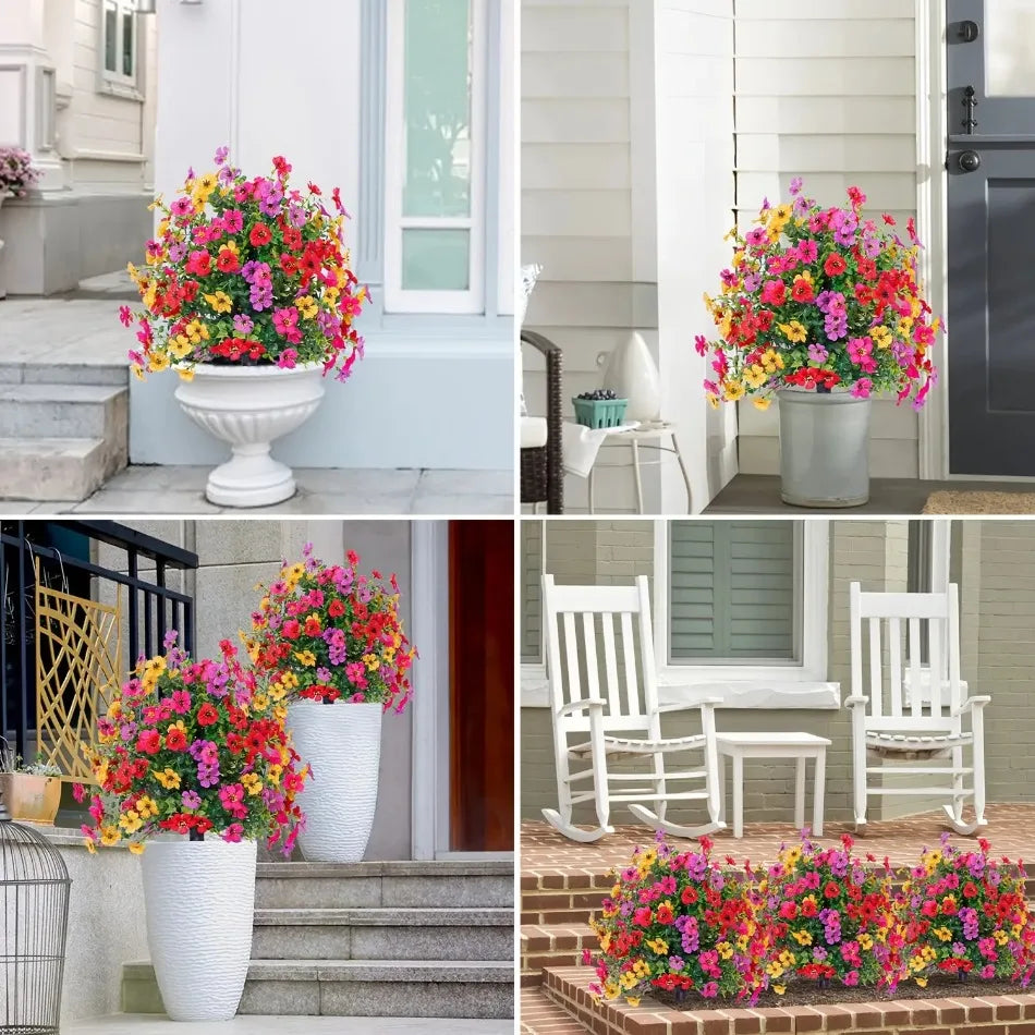 Collection de décorations florales artificielles de marguerites et d'eucalyptus dans divers pots et jardinières.