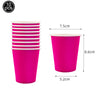 Ten magenta disposable paper cups stacked and displayed with dimensions.