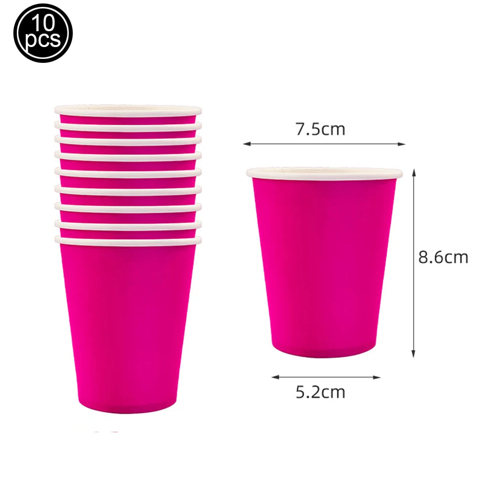 Ten magenta disposable paper cups stacked and displayed with dimensions.