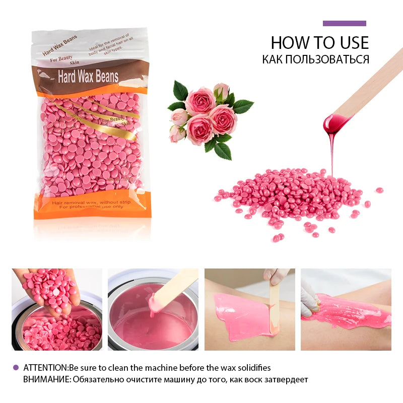 Bag of pink hard wax beans with instructions on how to use for hair removal