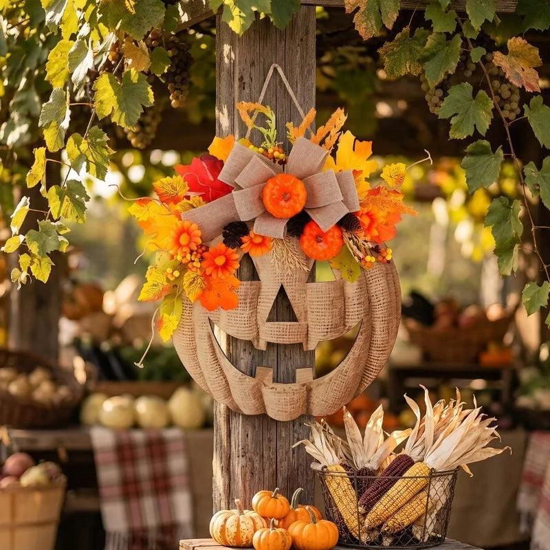 Un ensemble de deux porte-clés de citrouilles en plastique accrochés à un poteau en bois entouré de feuillage d'automne.