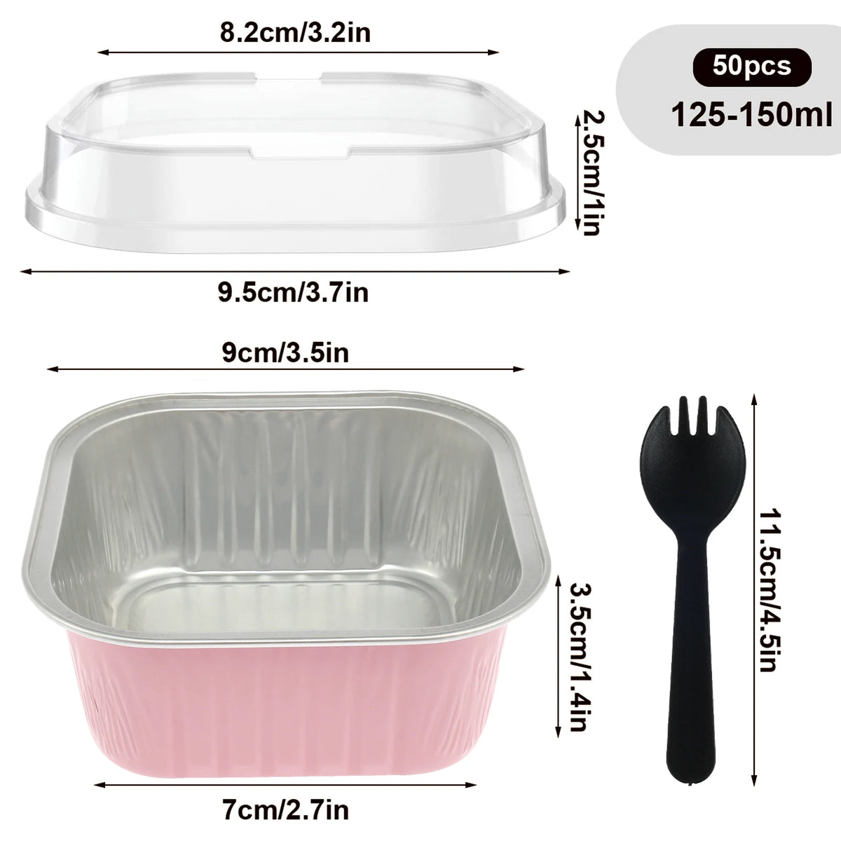 Reusable aluminum foil baking cups with lids and spoons in pink and black.
