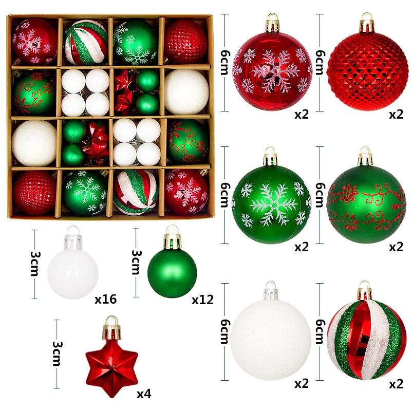 A collection of festive Christmas ornaments featuring various colors and snowflake designs in a wooden box.