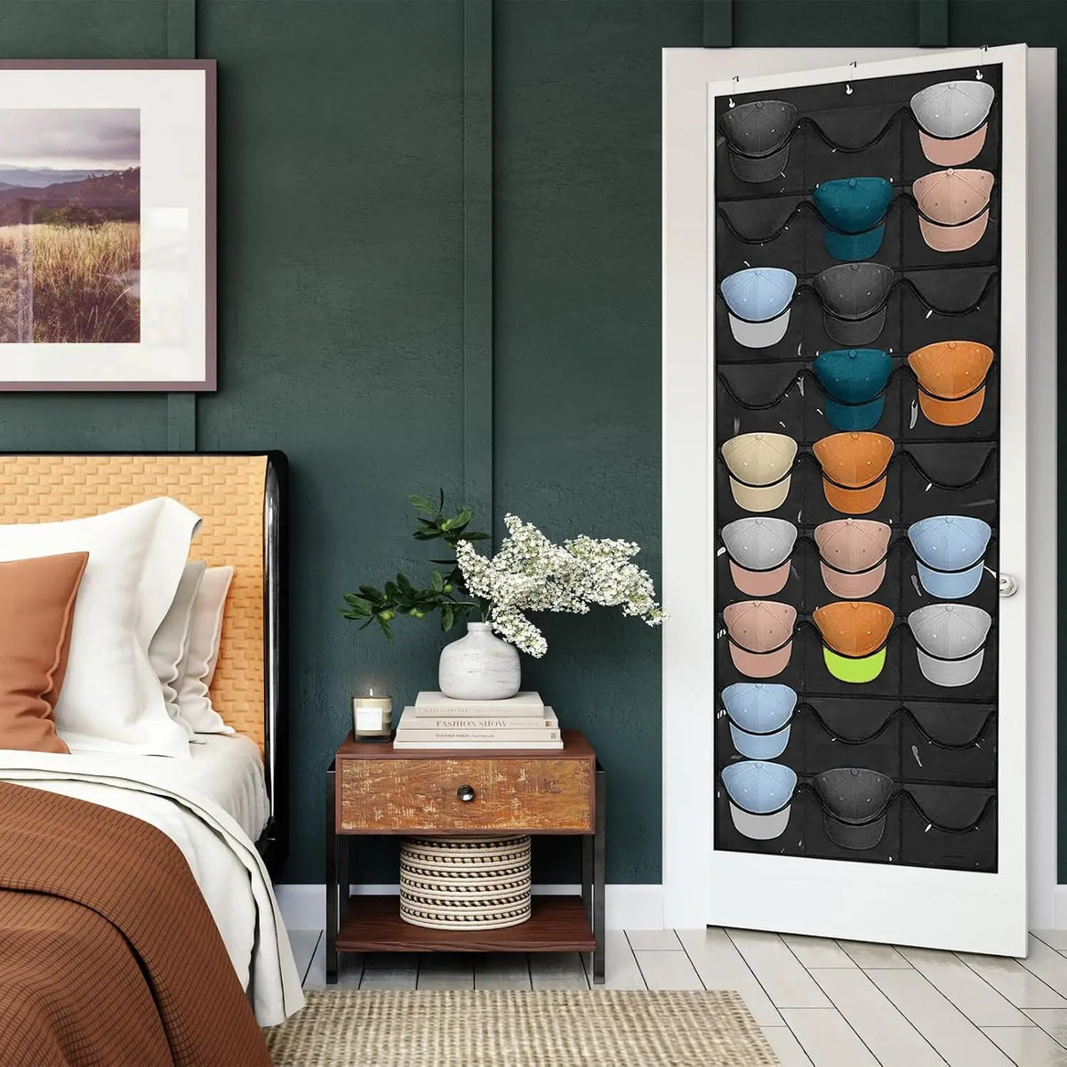 A clear door hat organizer with 27 pockets displaying various colored hats on a dark background.