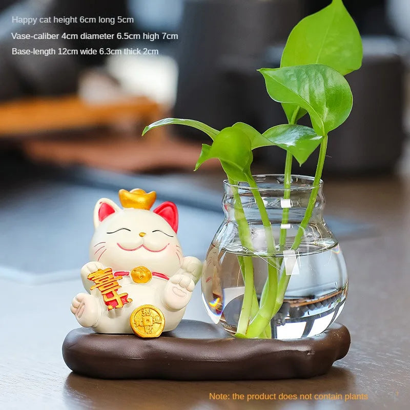 Mini resin desk ornament featuring a green ivy plant and a white lucky cat figurine in a glass vase