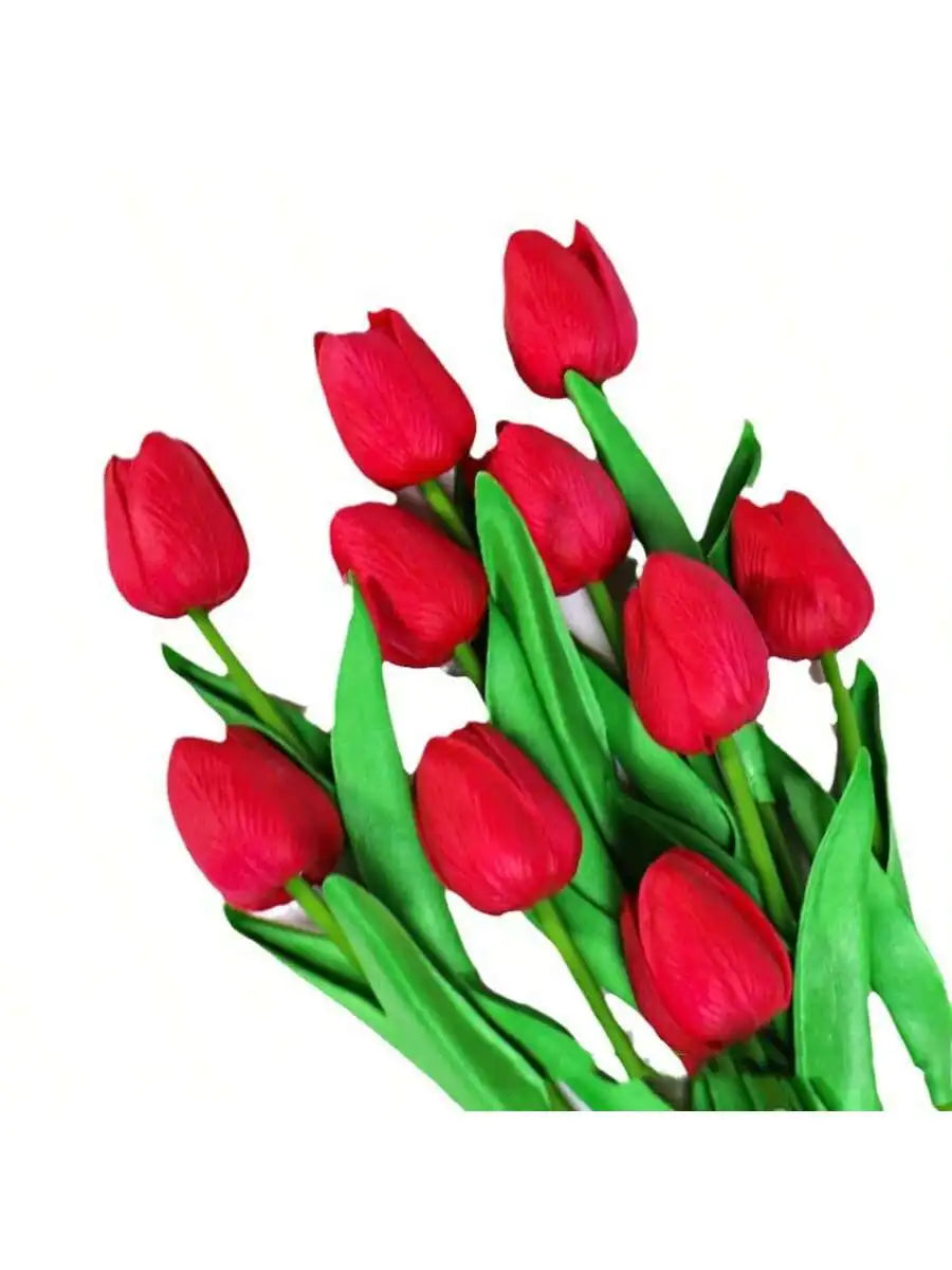 A bouquet of six vibrant red artificial tulips with green stems and leaves.
