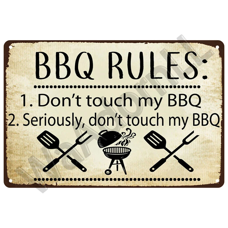 A rustic metal sign with BBQ rules written on it, featuring crossed spatulas and a grill icon.