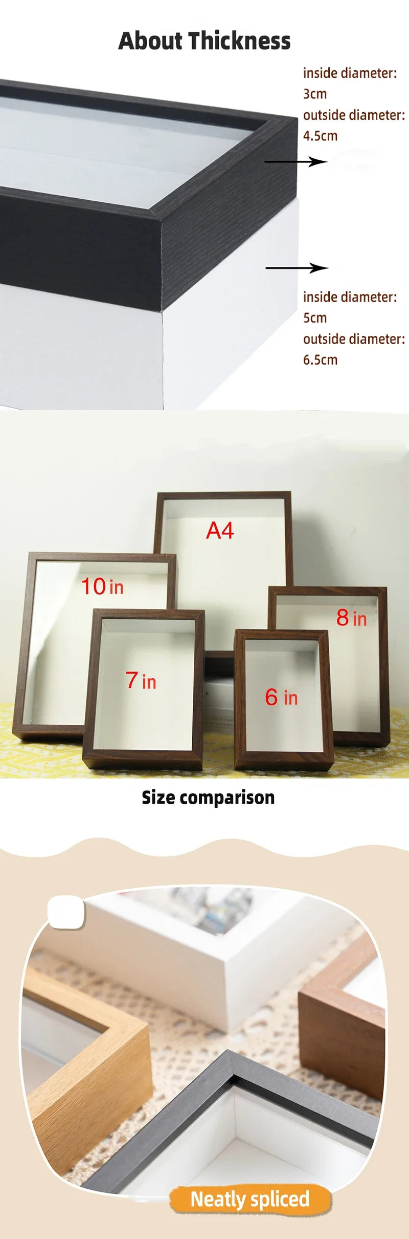 Comparison of various size shadow box frames, including A4 and 8 to 10 inch frames.