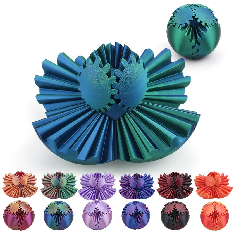 A collection of 3D printed gear balls or fidget spinners in various colors and patterns.