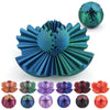 A collection of 3D printed gear balls or fidget spinners in various colors and patterns.