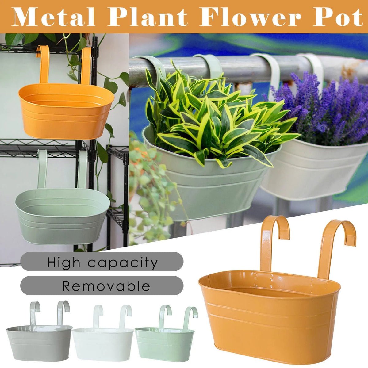 A set of metal plant flower pots in orange, green, and gray hanging planters displayed against a metal fence.