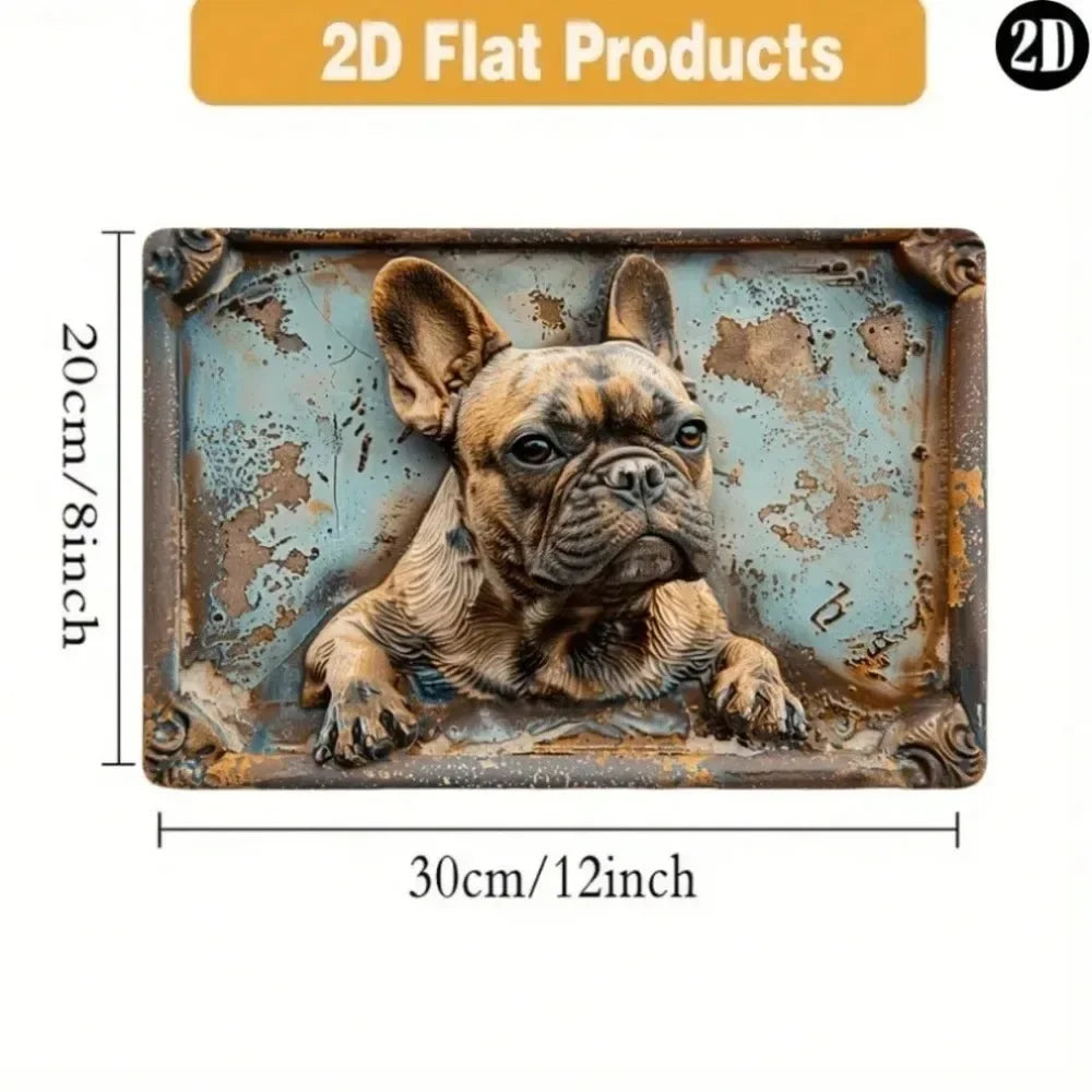 A vintage metal wall sign featuring a dog portrait in distressed blue-green patina, suitable for rustic farmhouse decor.