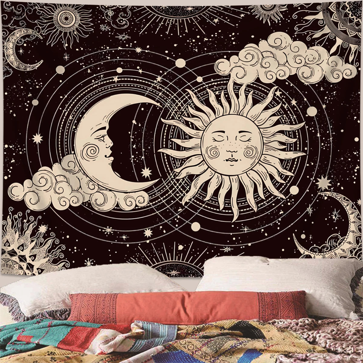 A dark background features a celestial design with a crescent moon and a sun surrounded by cosmic patterns.