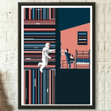 A poster featuring a stylized illustration of a person in a white suit standing in front of vertical striped backgrounds.