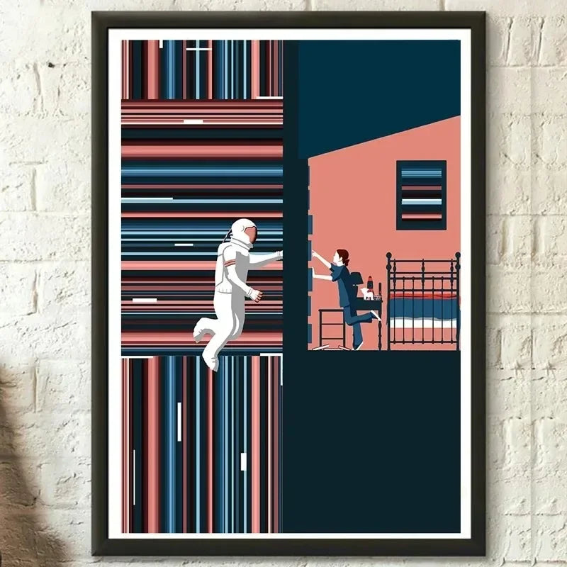 A poster featuring a stylized illustration of a person in a white suit standing in front of vertical striped backgrounds.
