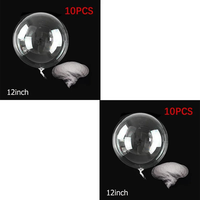 Ten clear bubble balloons, 12 inches in size, shown next to a piece of white tissue.