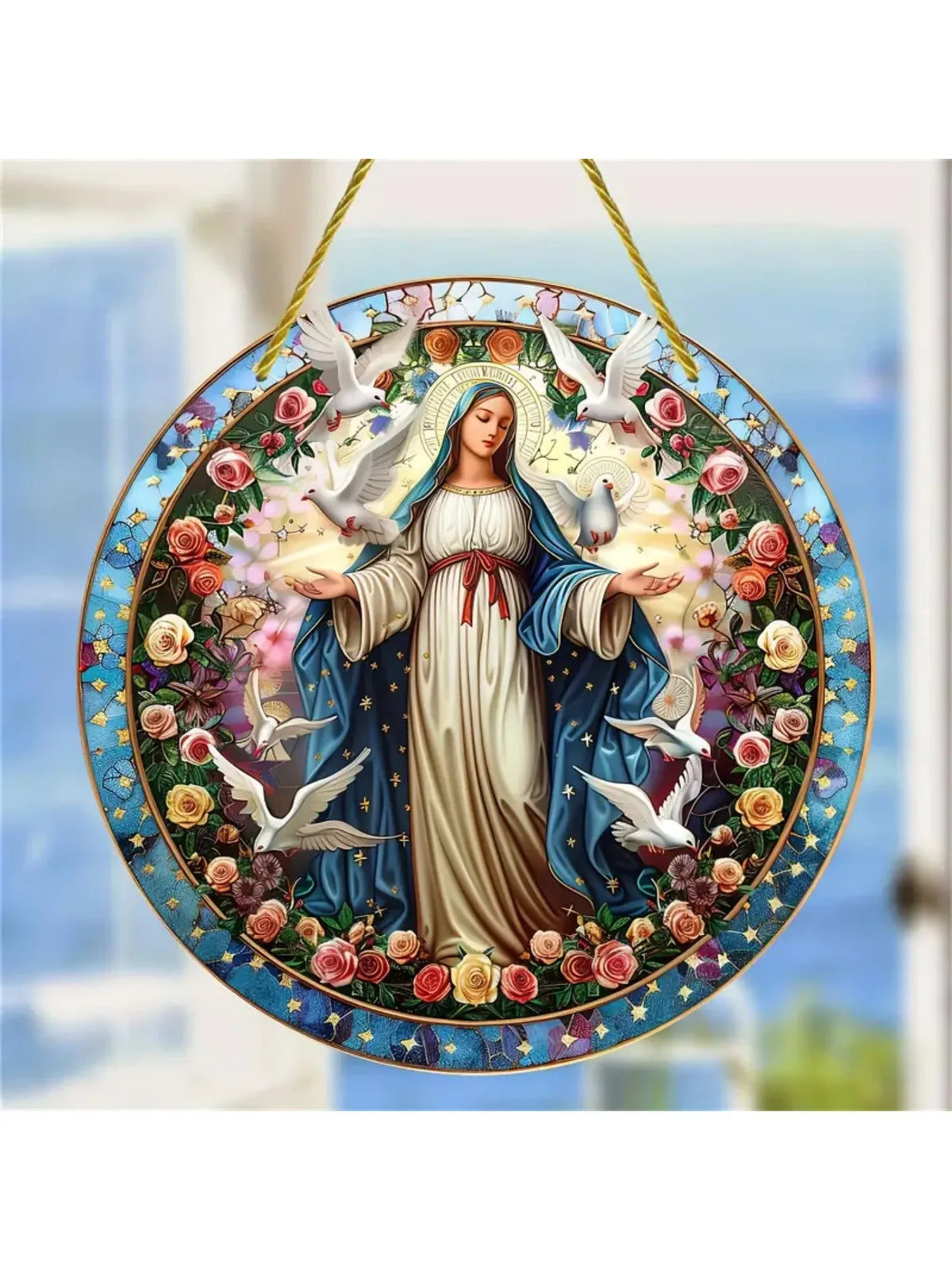 A translucent acrylic Mary Suncatcher featuring the Virgin Mary surrounded by roses and doves for window or wall decor.