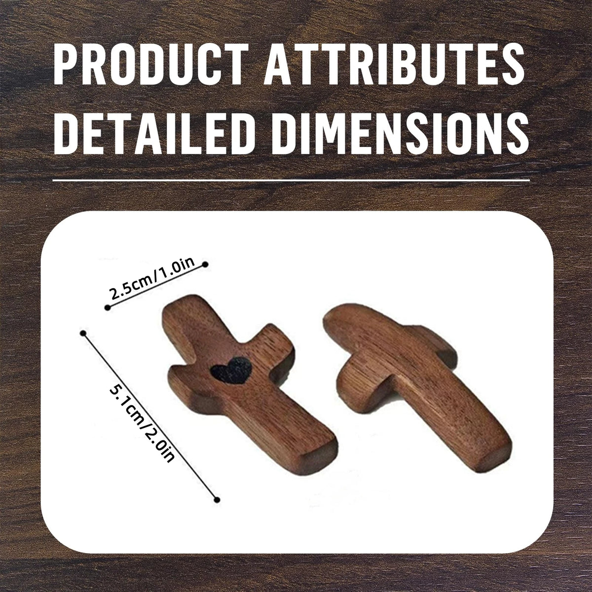Handcrafted black walnut cross with detailed dimensions shown on a white background.