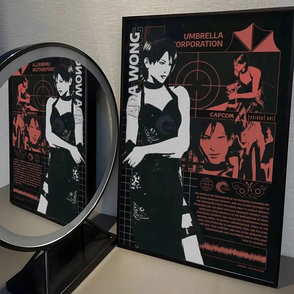 A poster featuring a woman in a black dress and the title Umbrella Corporation and Capcom.