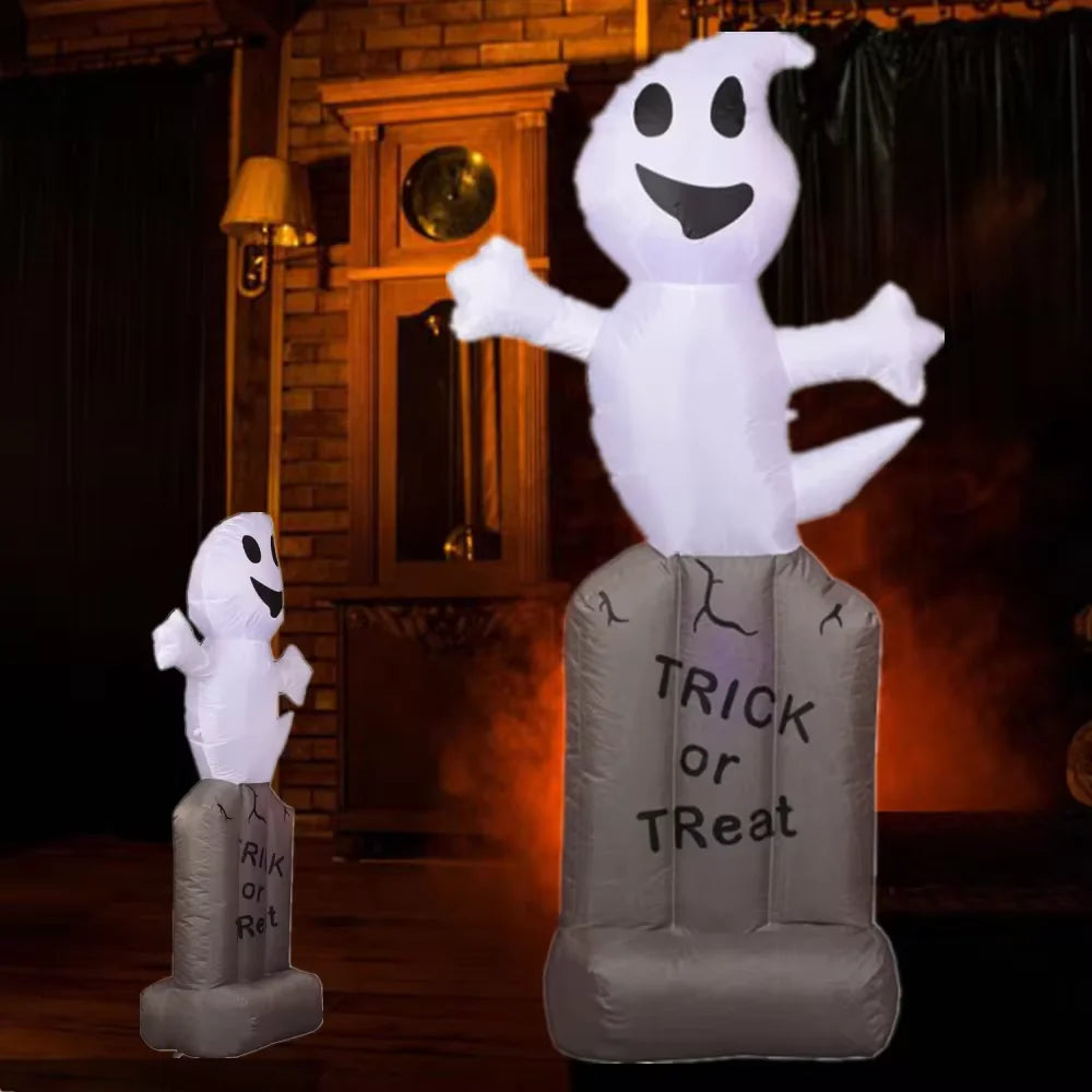 A white inflatable ghost decoration standing on a gray base with the text Trick or Treat.