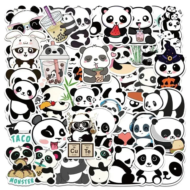 A collection of cute black and white panda face stickers for accessories