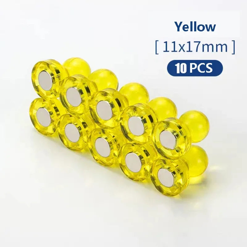 A pack of 10 yellow neodymium pin magnets with plastic shells, measuring 11x17mm each.