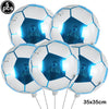 Five white inflatable soccer balls with blue light features for party decoration