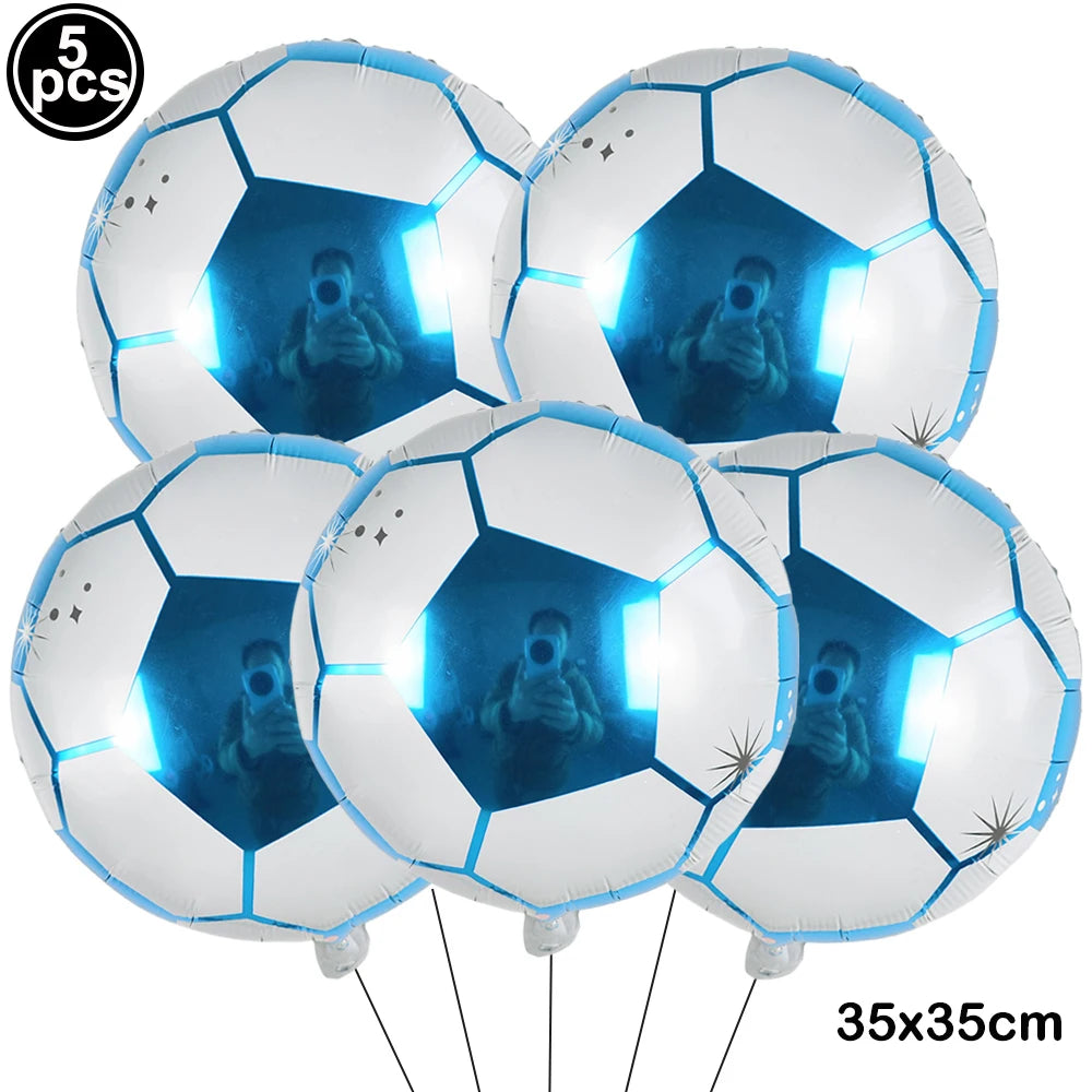 Five white inflatable soccer balls with blue light features for party decoration