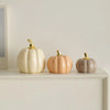 Three ceramic pumpkin figurines in cream, peach, and gray with gold accents displayed on a white shelf.