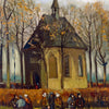 A painting depicting a church or building with a spire surrounded by bare trees and people in an outdoor setting.