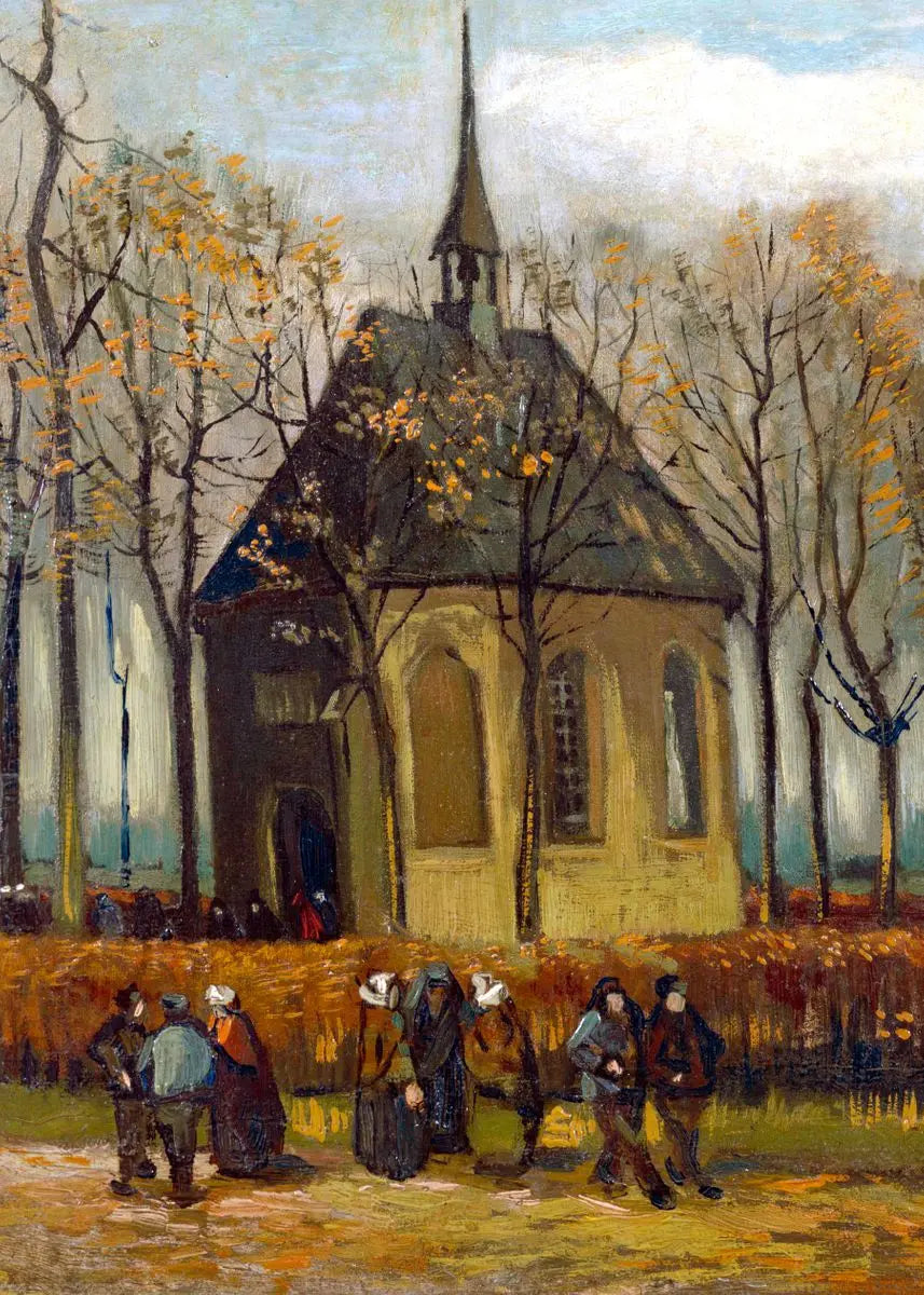 A painting depicting a church or building with a spire surrounded by bare trees and people in an outdoor setting.