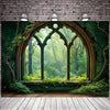 A large arched window frame with green foliage and trees forms a natural forest backdrop.