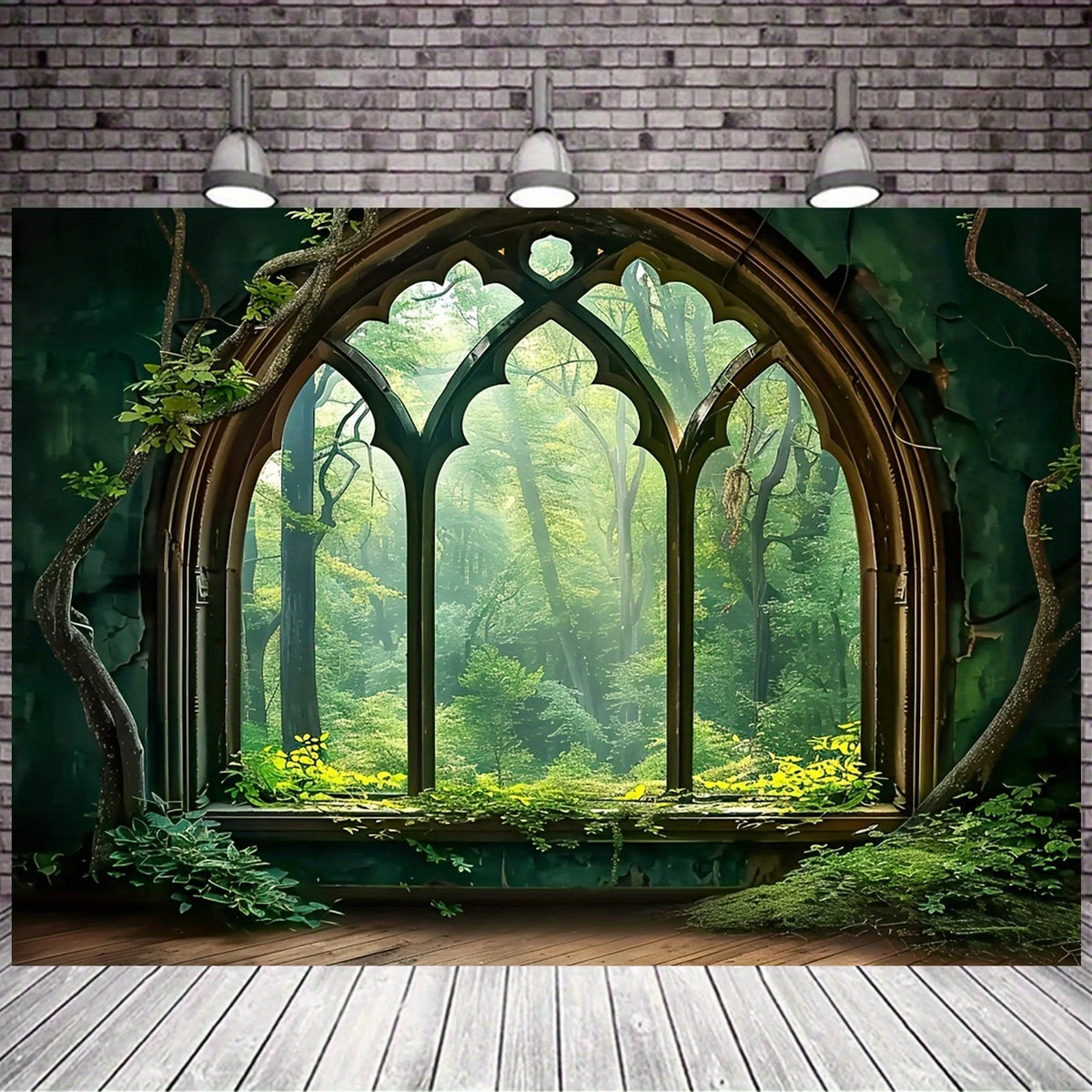 A large arched window frame with green foliage and trees forms a natural forest backdrop.