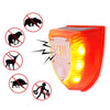An orange solar-powered motion sensor alarm with a flashing siren, surrounded by silhouettes of animals.