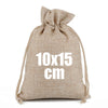 A natural beige burlap drawstring bag with white text indicating a 10x15 cm size.