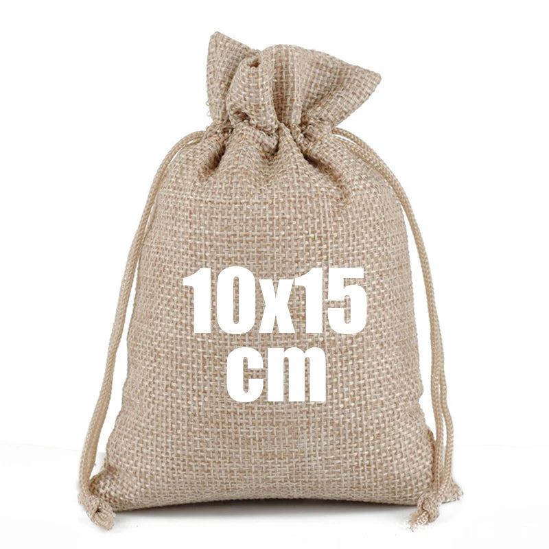 A natural beige burlap drawstring bag with white text indicating a 10x15 cm size.