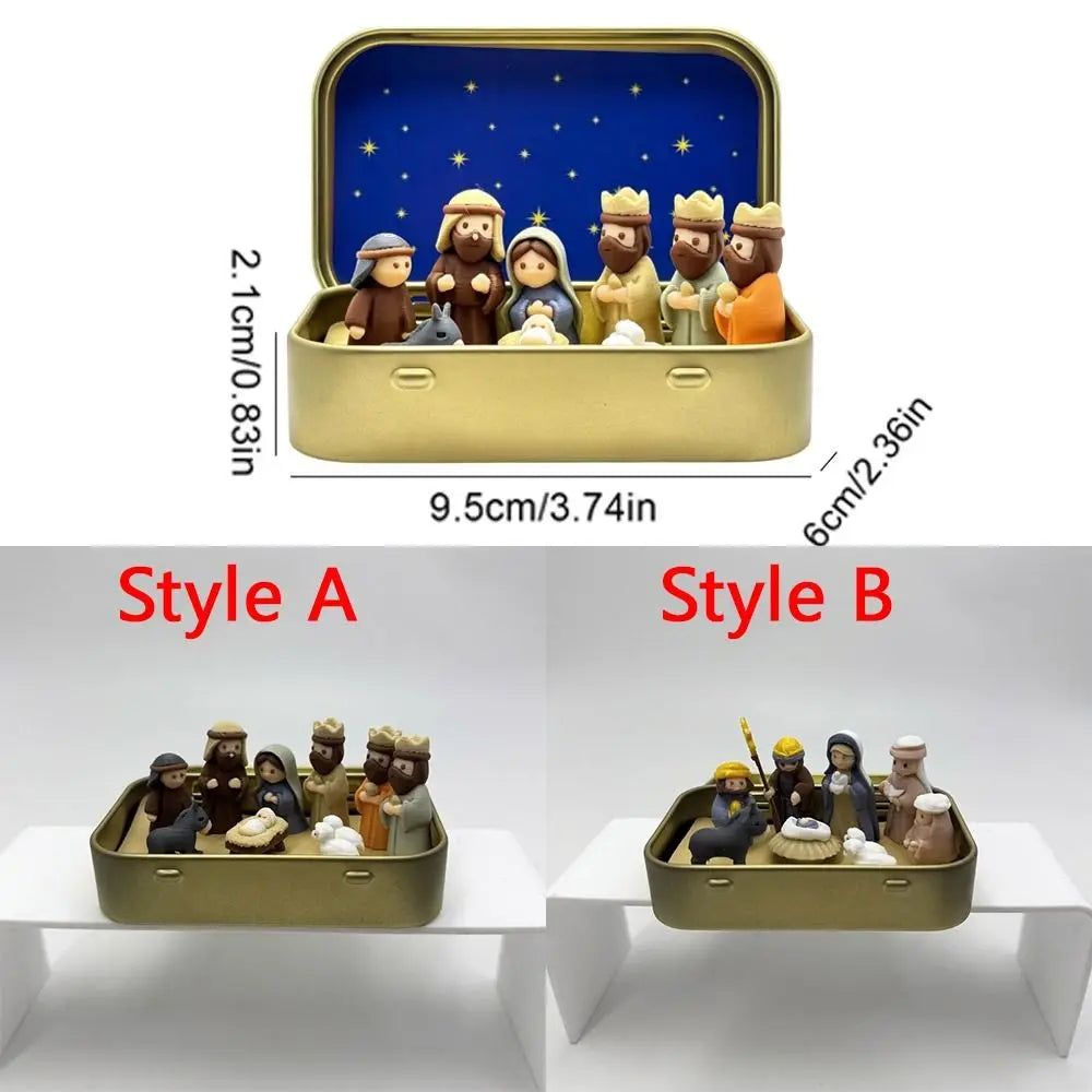 A hand-painted mini nativity set displayed in a gold tin storage box, featuring figures of Mary, Joseph, and baby Jesus.