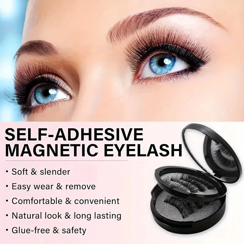 Close-up of a woman's eye showing magnetic adhesive eyelash kit for natural look and long lasting wear