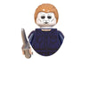 A minifigure of a horror movie character with light brown hair and pale skin wearing a dark blue outfit holding a knife.