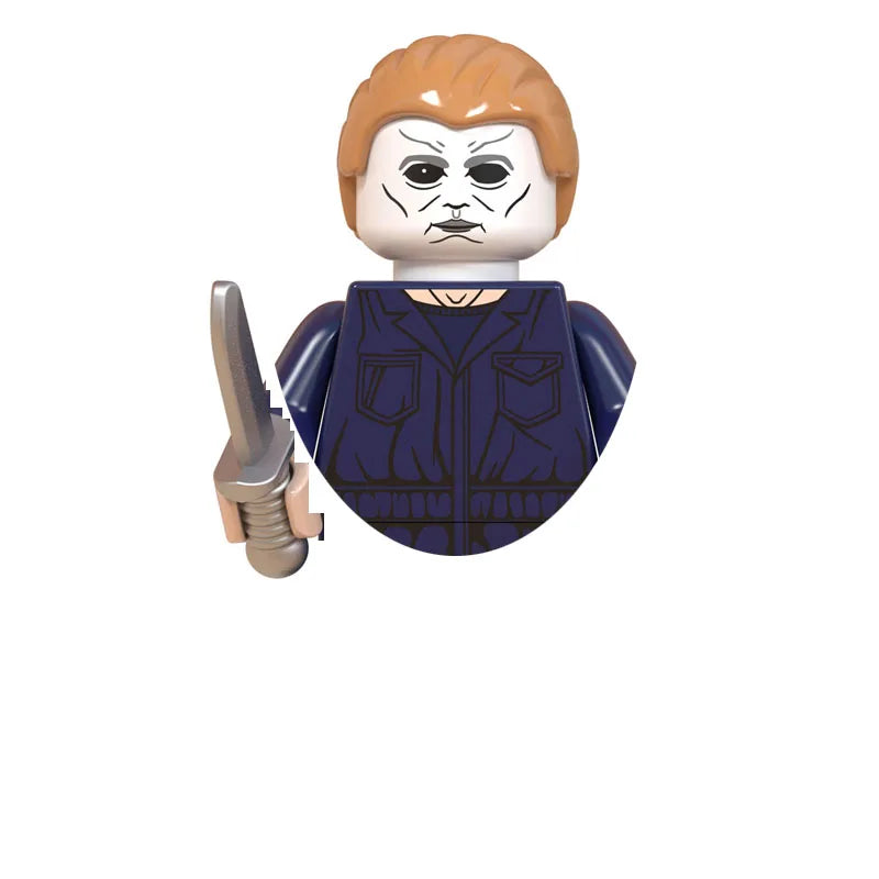 A minifigure of a horror movie character with light brown hair and pale skin wearing a dark blue outfit holding a knife.