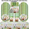 A set of Wild One safari jungle party tableware including plates, cups, napkins, straws, and a tablecloth.