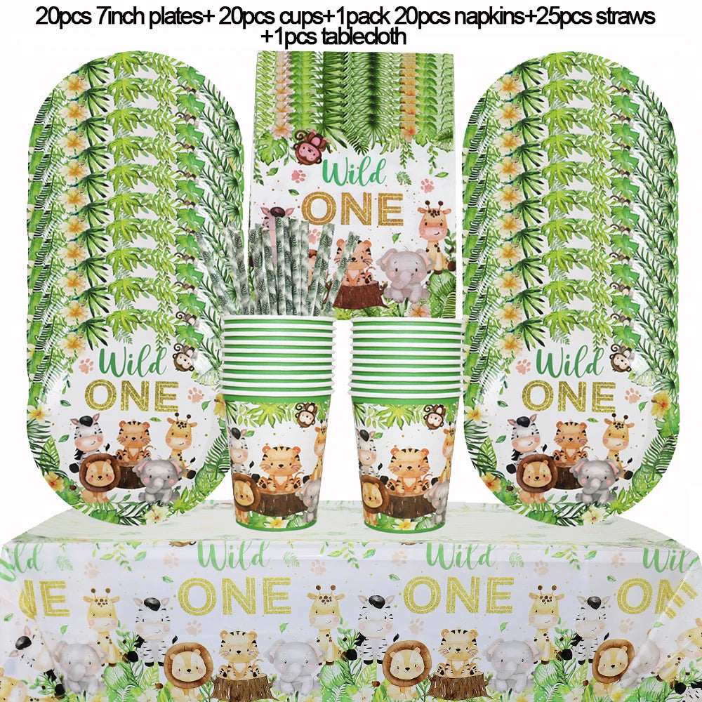 A set of Wild One safari jungle party tableware including plates, cups, napkins, straws, and a tablecloth.