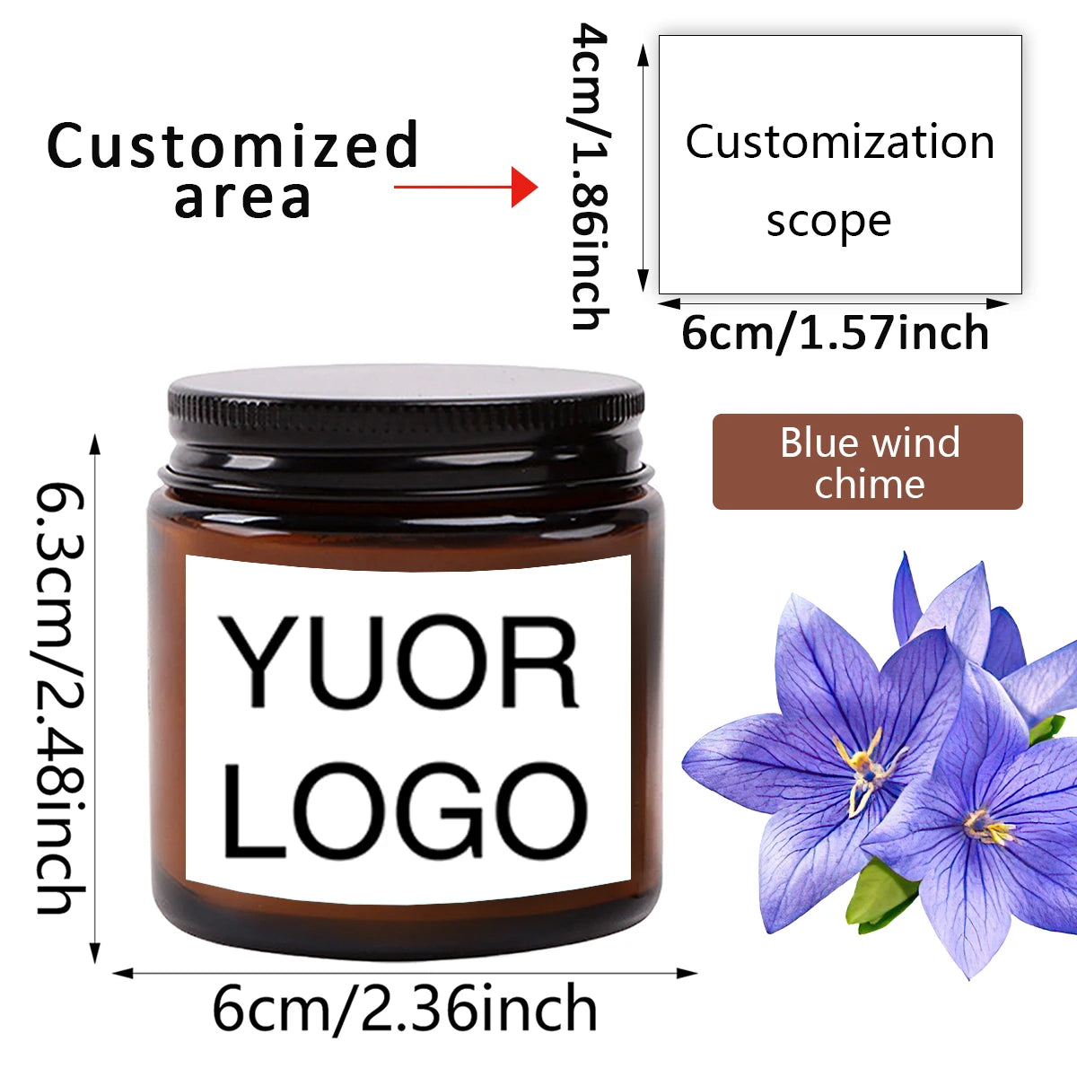 A dark glass jar candle with a custom logo label and blue wind chime decoration.