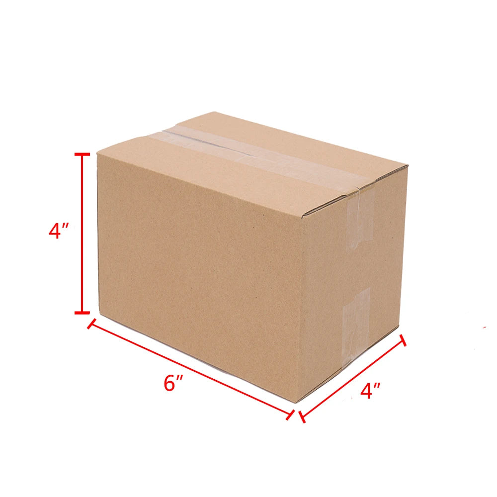A brown corrugated cardboard box with dimensions 6 inches by 4 inches.