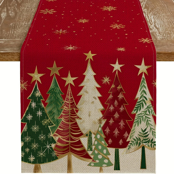 A festive Christmas table runner featuring a pattern of green and red pine trees with gold stars on a red background.