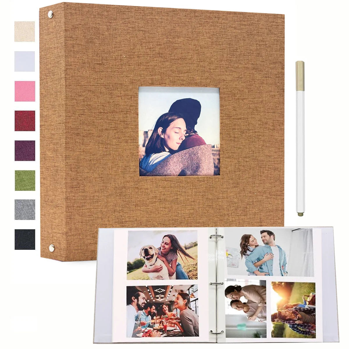 A brown linen scrapbook album with a cover and several color swatches, featuring photo pages.