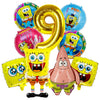 A set of nine foil balloons featuring characters from SpongeBob SquarePants including SpongeBob and Patrick